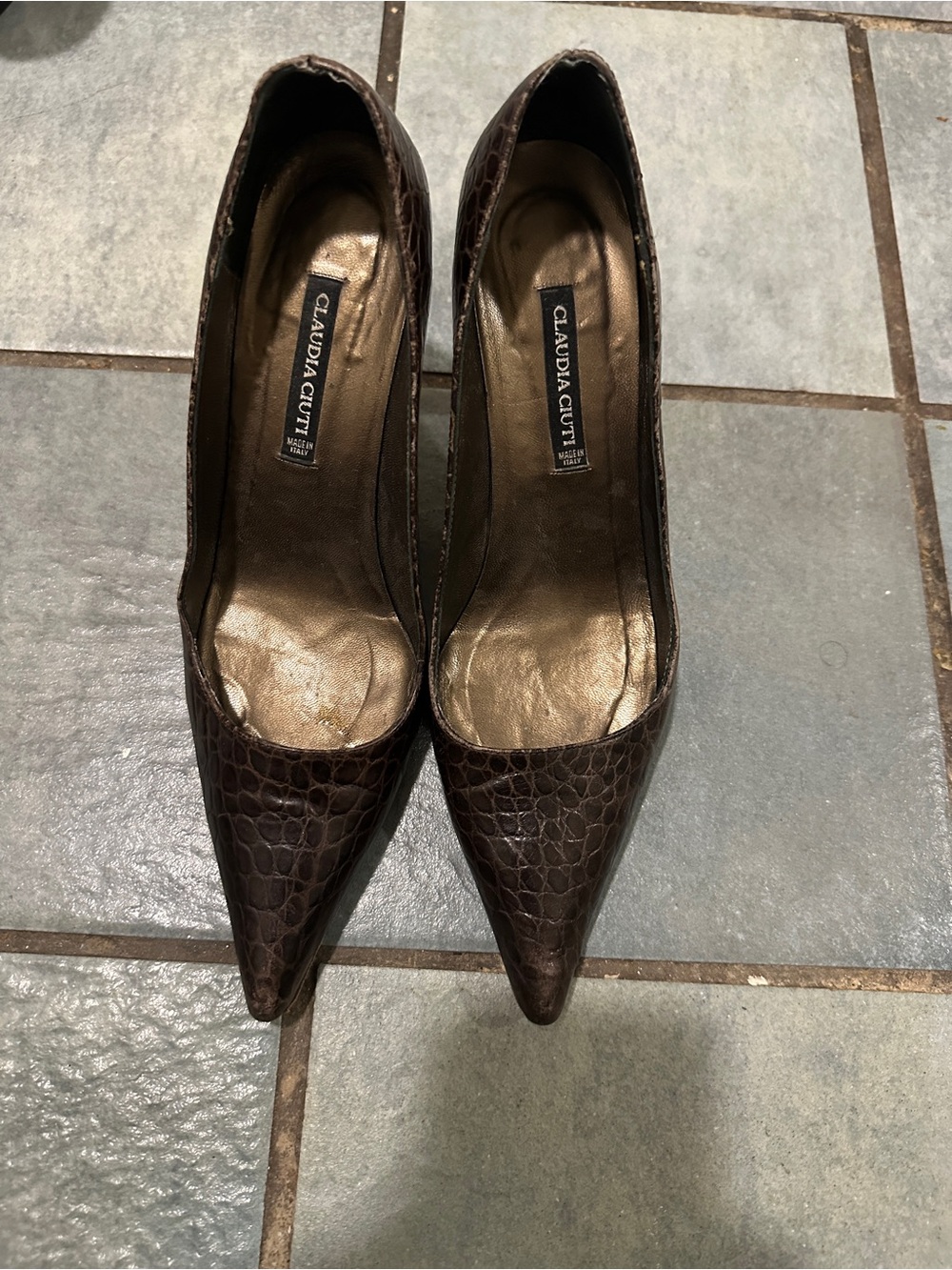 Vintage 90s Claudia Ciuti Brown Croc-Embossed Pointed Toe Heels